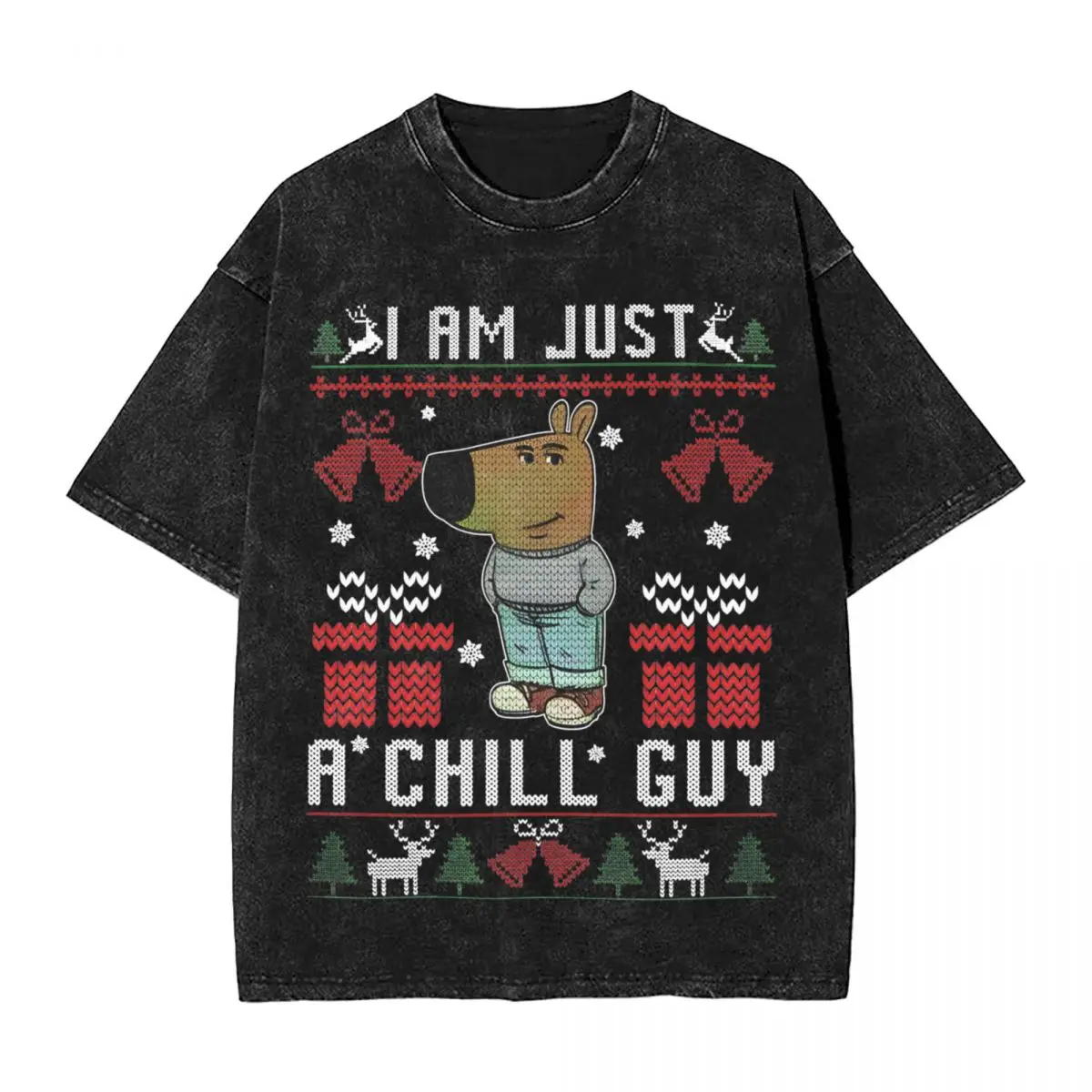 Just A Chill Guy Ugly Christmas Washed T Shirt Streetwear Hip Hop Vintage T-Shirts Tees for Men Women Street Graphic Printed