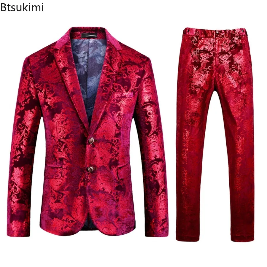 High-end Men's Suit Sets Fashion Business Handsome British Style Slim Print Suit 2-piece Set Men Wedding Party Blazers and Pants
