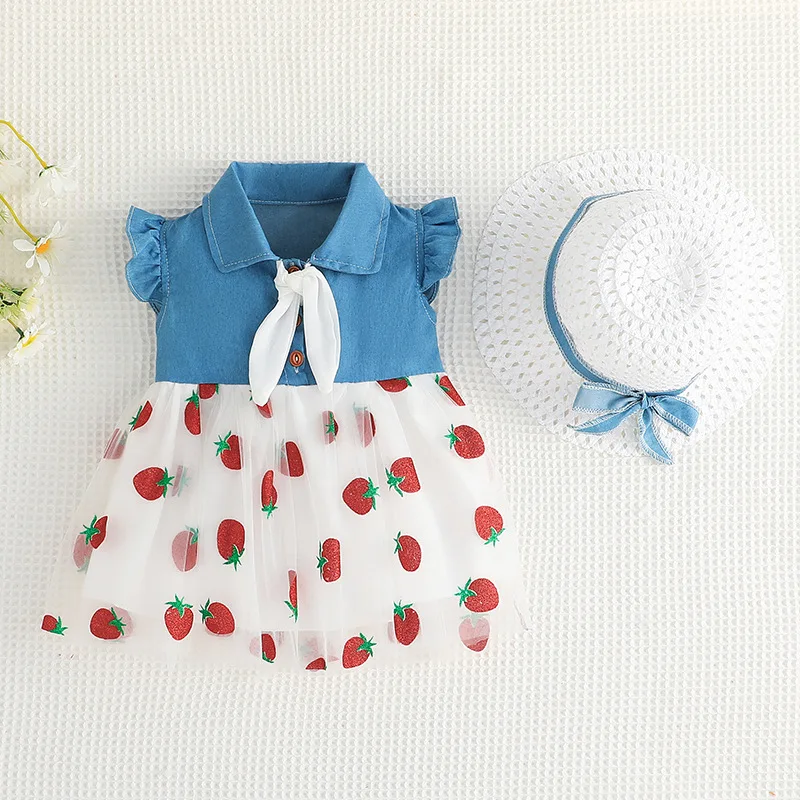 2Pcs/SetCross border Summer New Girl\'s Dress Strawberry Embroidered Mesh Skirt Sleeveless Spliced Denim Skirt with Hat