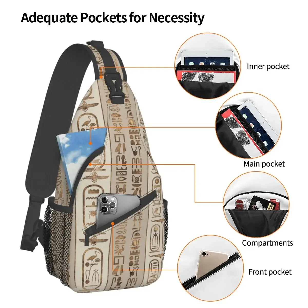 Egyptian Hieroglyphs Crossbody Sling Bag Small Chest Bag Eastern Language Shoulder Backpack Daypack for Travel Hiking Cycling