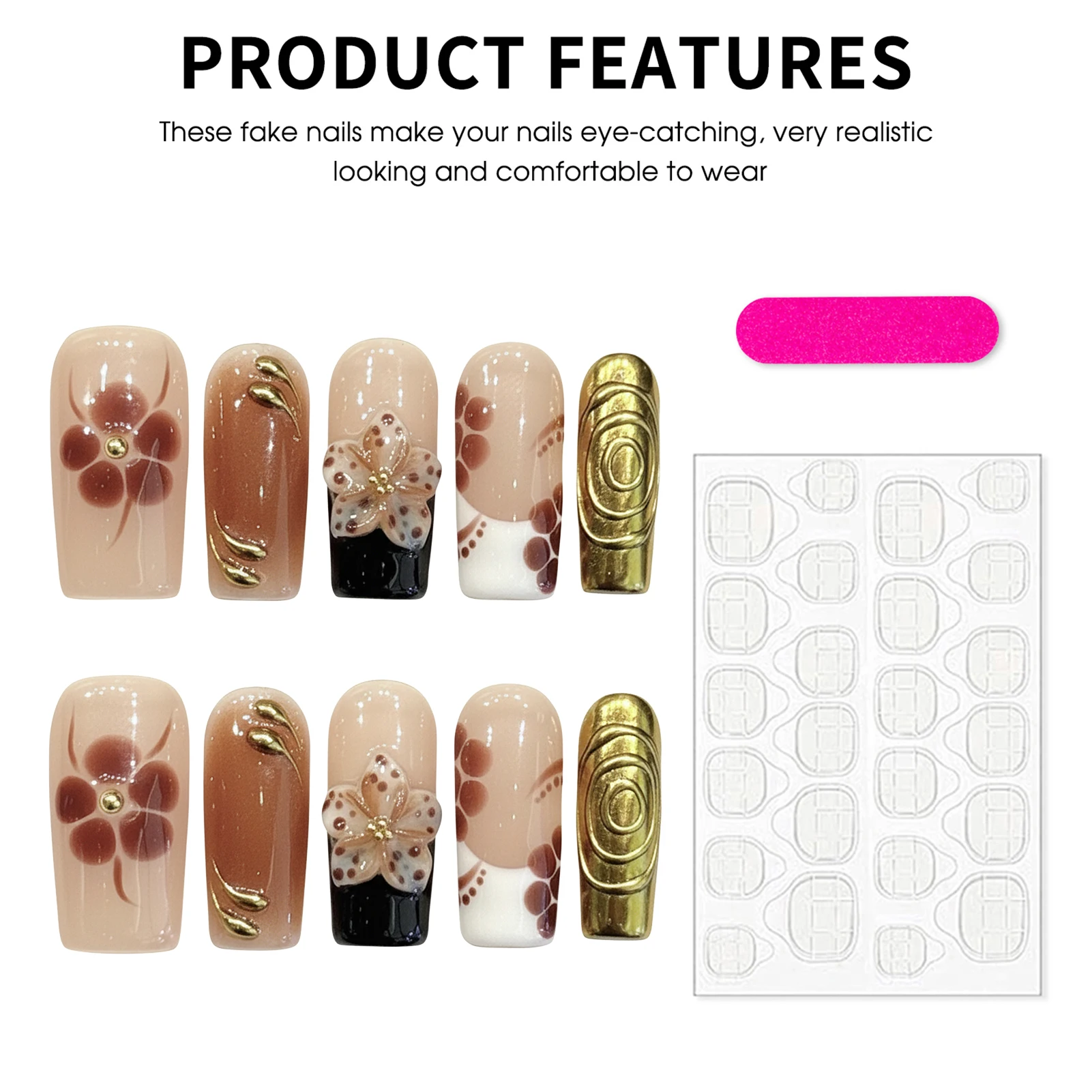 10個入り ブラウン 3D彫刻フラワー プレスオンネイル レトロ ライトラグジュアリー フェイクネイル ミディアム丈 コフィン フレンチスタイル ハンドメイド 付け爪