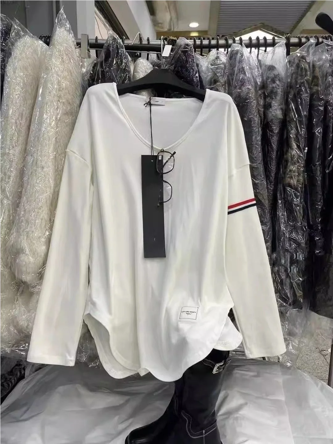 

Loose Long Sleeve U-Neck Striped Base Shirt Color Block T-Shirt Women's Casual Style Spring Summer New Arrival Top
