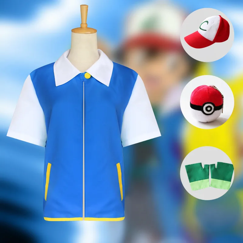 

Men Anime Trainer Cosplay Costume Boys Ash Ketchum Adult for Girls Halloween Women Disfraz Party Blue Jacket Cap and Gloves Sets