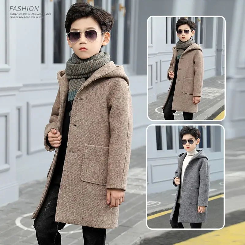 Boys' woolen coat 2024 new boys' winter cashmere thickened coat Woolen Dazhong children Korean version of Ocean Tide