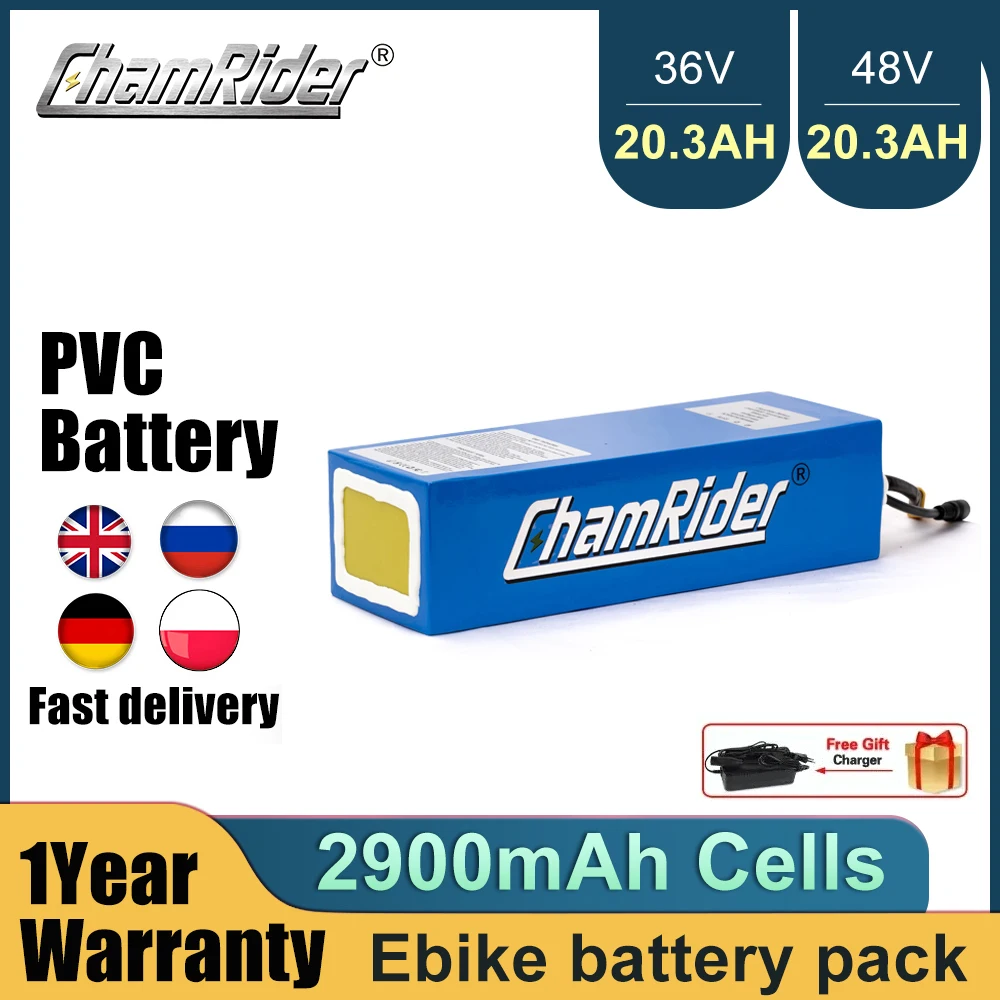 ChamRider 36V Ebike Battery 48V 20A 30A BMS 350W 500W 750W 18650 Cell Lithium Pack For Bike Bicycle Electric Scooter