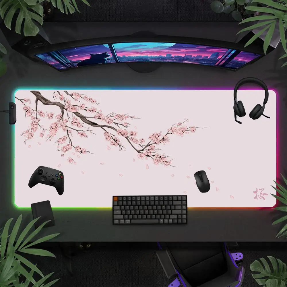 

Japanese Style Sakura RGB Gaming Mouse Pad Desk Mat Gamer Accessories Large LED Light Mousepads PC Computer Carpet with Backlit