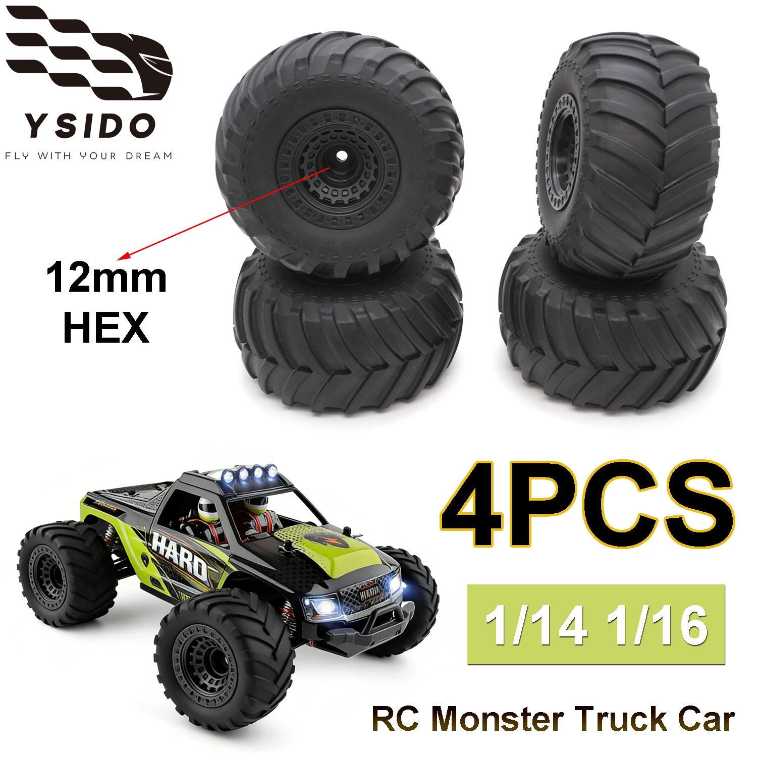 

YSIDO RC Monster Truck Cars Tire Skidproof Wear Resistant Rubber Wheels 12mm HEX for 1/14 1/16 WLTOYS 144001 MJX Hyper Go 14209