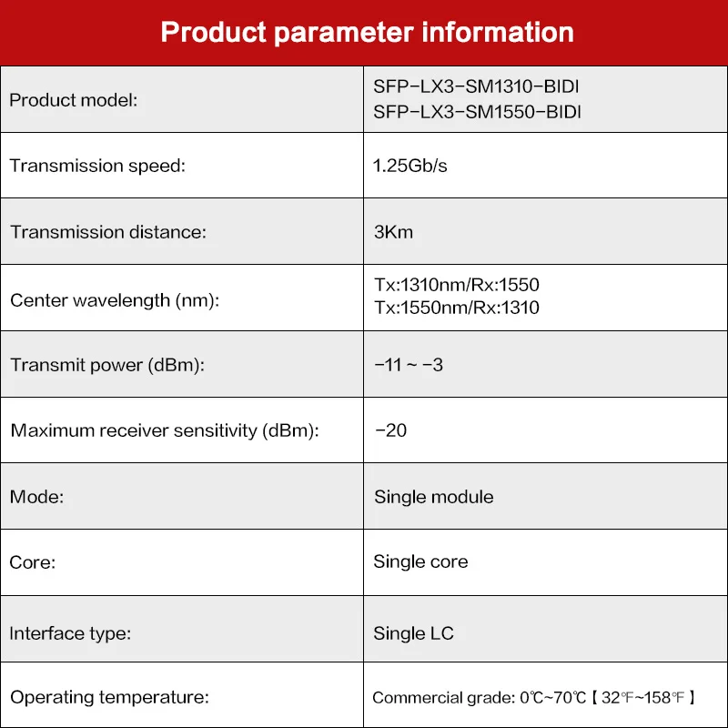 Simplex SC 1.25G SFP BIDI 3km 1310/1550nm Single Fiber Optical Module DDM for Cisco/Mikrotik/Ubiquiti/TP-Link Gigabit Transceive