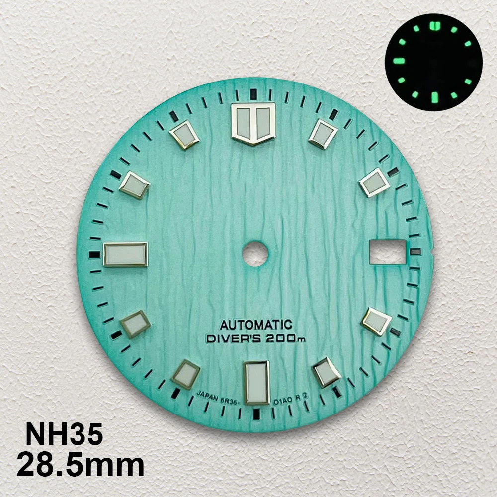 28.5Mm S Logo Gletsjers Meer Blauwe Wijzerplaat Fit Nh35/Nh36/4r/7S Japans Beweging Sterk C3 Groen Lichtgevend Horloge Accessoires