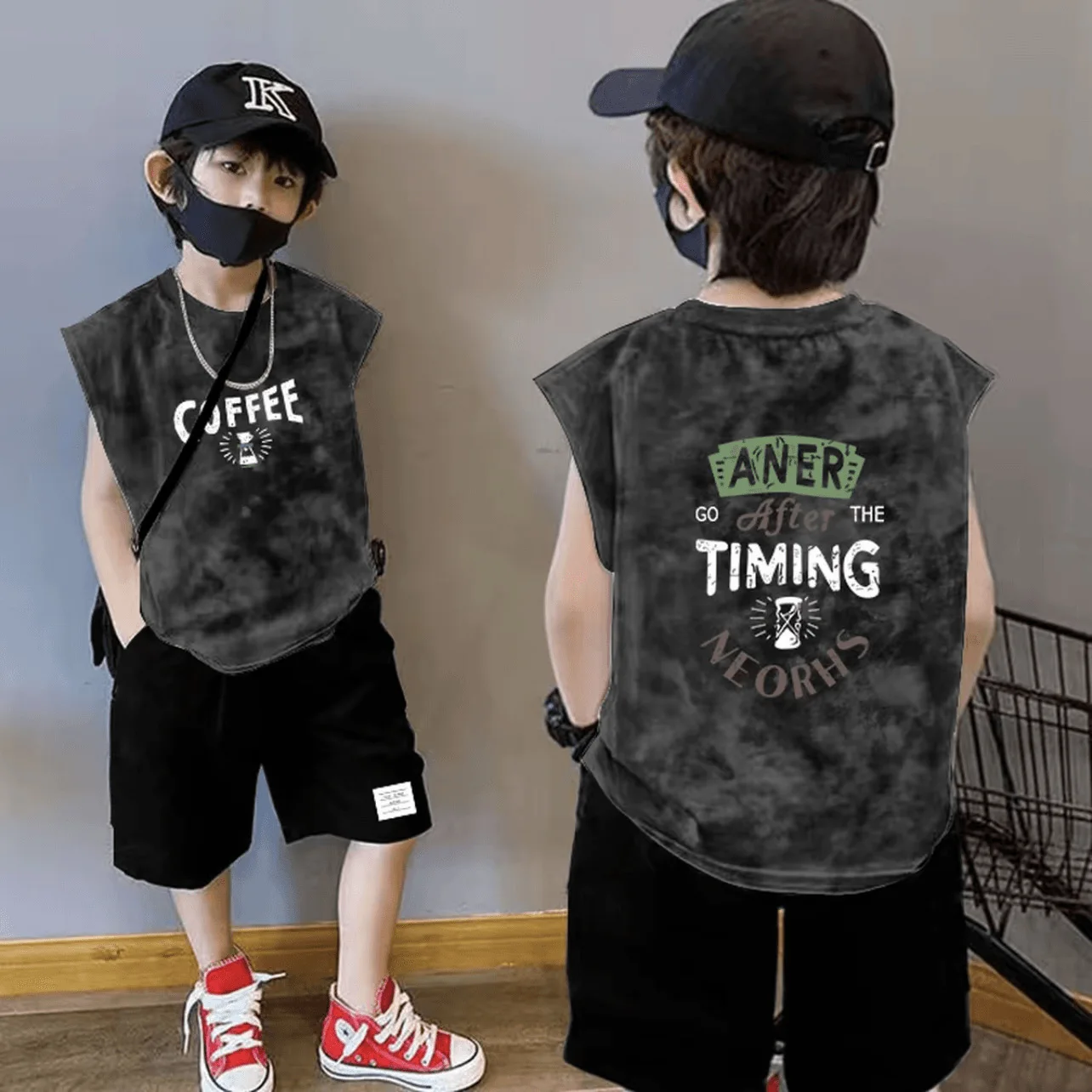 

2025 Summer New Boys' and Girls' Korean Style Tie Dye Letter Printed Tank Top Sleeveless Casual T-shirt Trendy