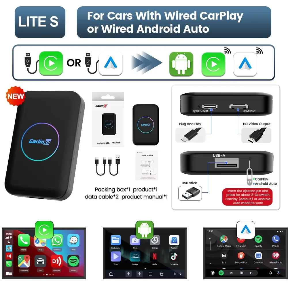 2025 CarlinKit Volledige Android Ai Box Draadloze CarPlay & Android Auto & HDMI Voor Netflix YouTube 2,4 Ghz & 5 Ghz WiFi BLE Auto Connect