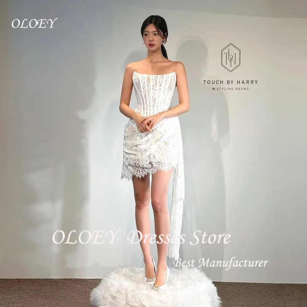 

OLOEY Simple Lace Short Wedding Dresses Strapless A Line Mini Women Bridal Gowns Strapless Pleat Party Bride Customized
