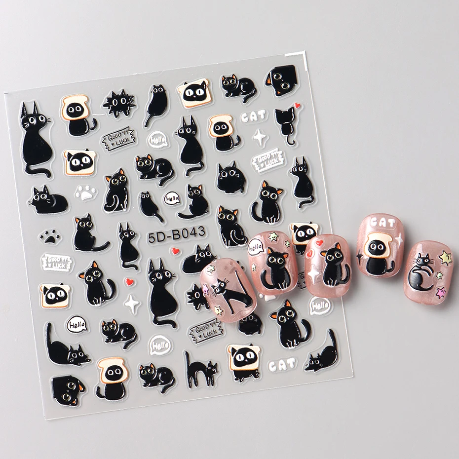 2 pezzi 3D adesivi per nail art gatto nero cartone animato adorabile gatto carino pane stella decalcomanie per unghie cursori di design decorazioni per nail art manicure