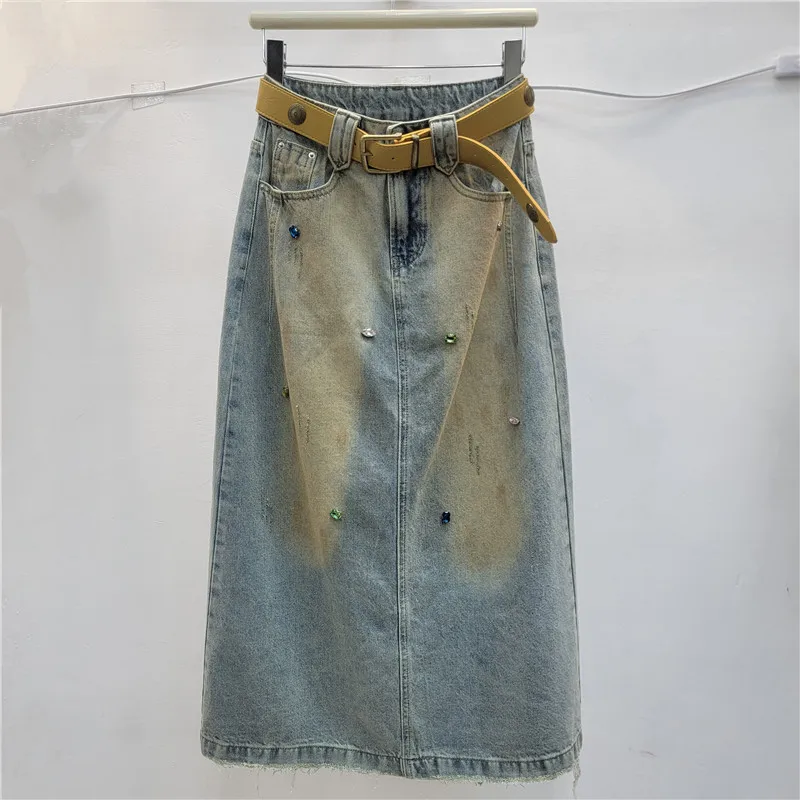

2026 Summer Women's Vintage Wasteland Mud-Dyed Distressed Slimming High-Waisted Slit Denim Skirt Bodycon Long Skirt