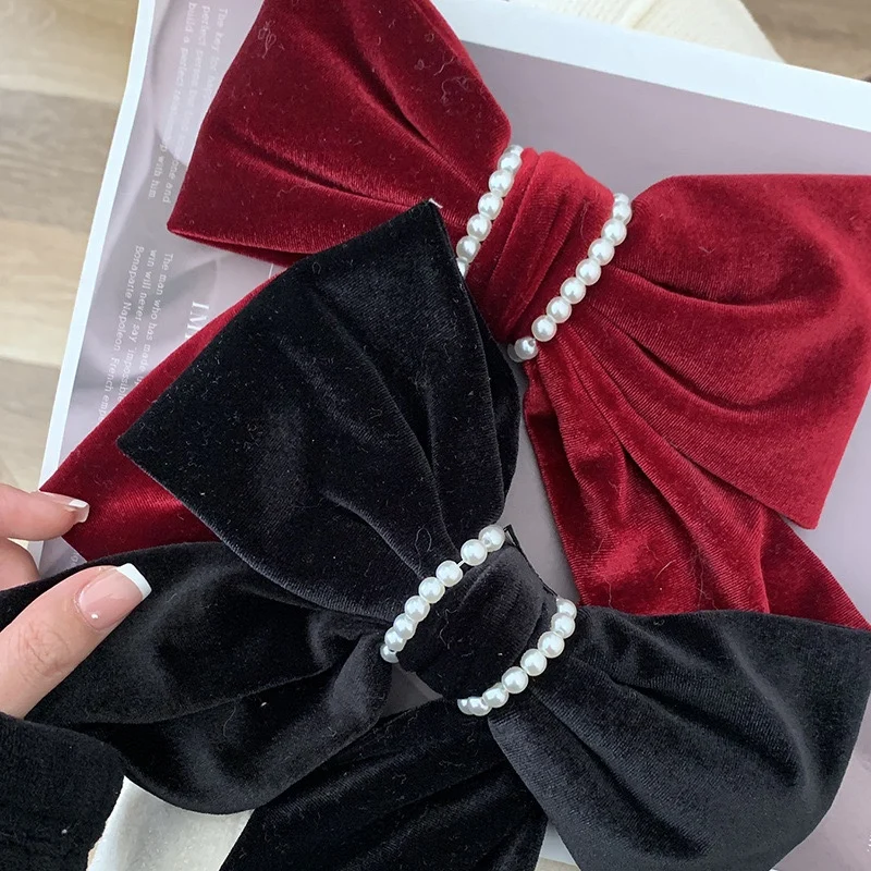 1 velvet bow hair clip Autumn-winter vintage top clip net Red elegant temperament pearl back head spring clip