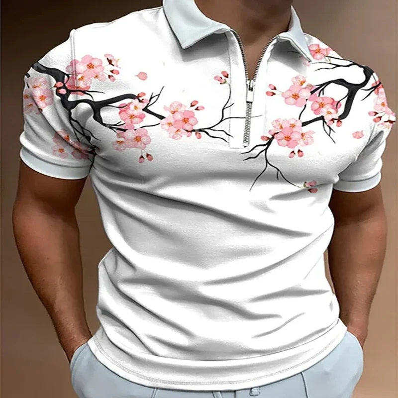 Floral Botanical Print 3D Print Polo Zipper Short Sleeve Shirt for Men