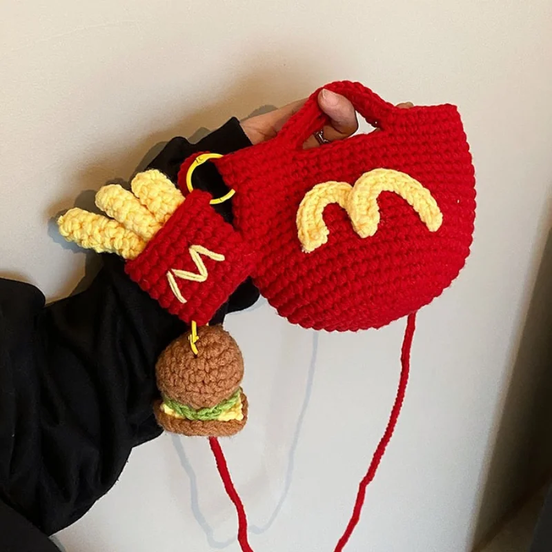 Shoulder Small Crossbody Bag Cute Shoulder Bag Crossbody Handmade Crochet Burger Fries Wool Bag Cute Crochet Bag with Pendant