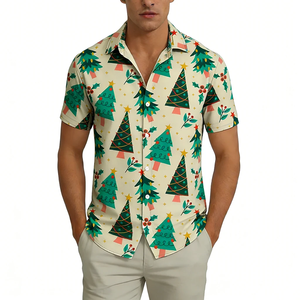 

Рубашка с рисунком рождественской елки и снежинки, вечерние повседневные топы с отложным воротником и короткими рукавами, унисекс, модная уличная одежда, праздничные подарки