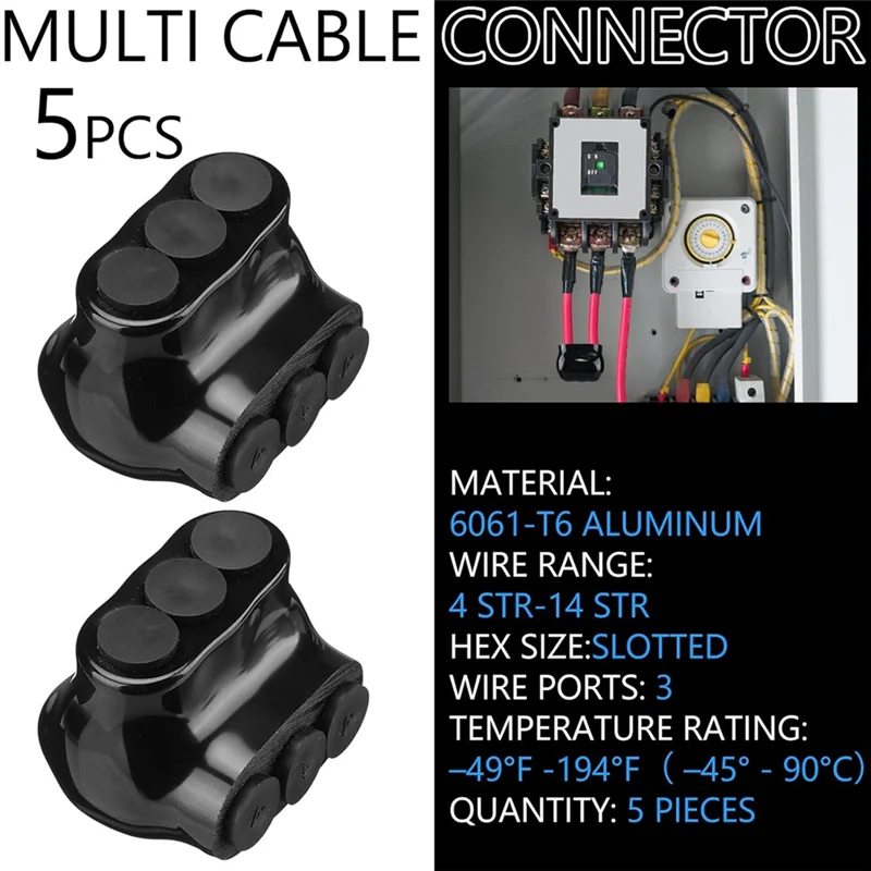 

ABKU-5 Pcs Black Insulated Multi Cable Connector, 3 Ports Electric Wire Connectors And Soldering Lugs,Cable Splicers 14-4AWG