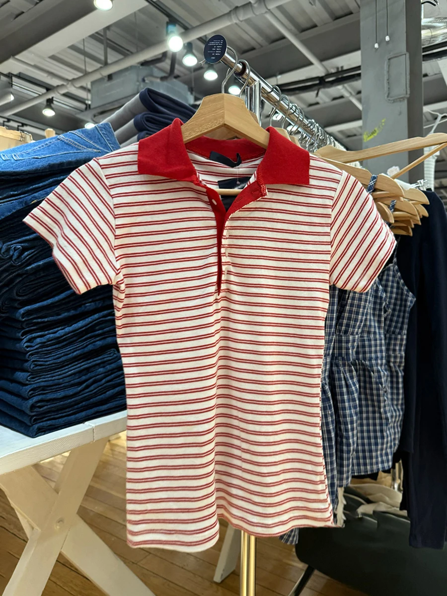 

Classic Striped Cotton Slim T-shirt Women Summer Buttons Turn Down Collar Short Sleeve Tees Sweet Preppy Style Vintage Tshirts