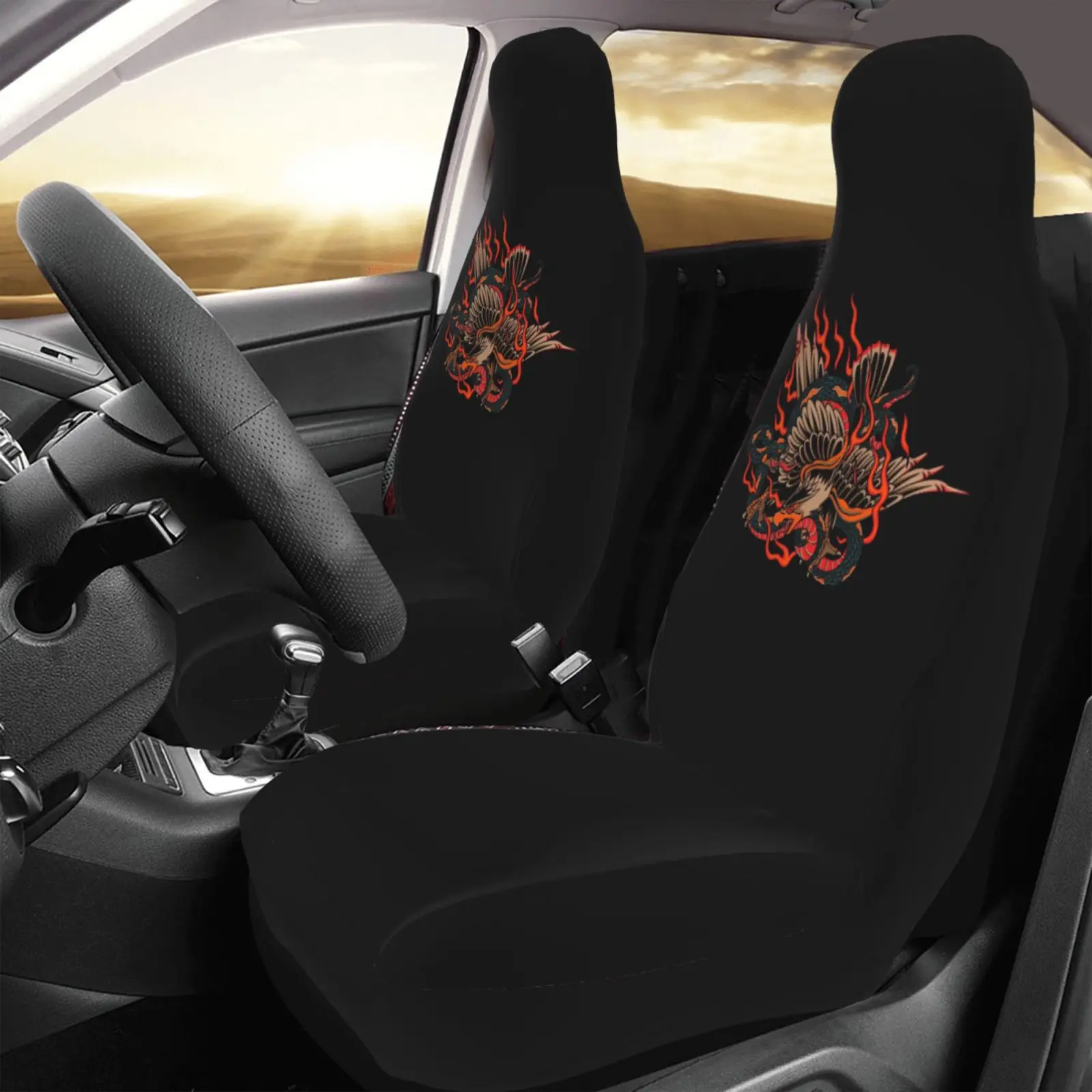 Japanese Snake Eagle Car Seat Cover Anti-Slip Protection Kit 2-piece Seat Protection Set