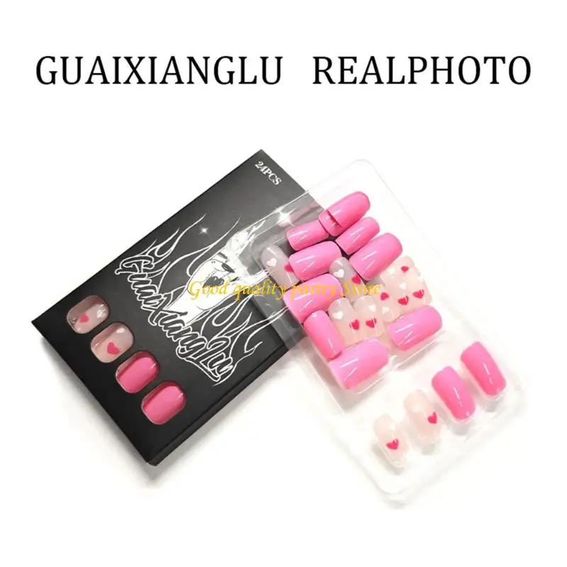 M4YA – faux ongles ovales brillants, 24 pièces, rose doux, cœur blanc, nœuds, accessoires prêts pour fête