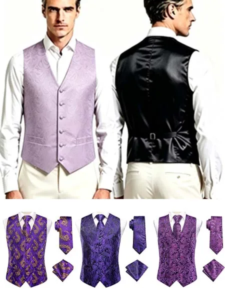 Conjunto de 3 piezas de chaleco jacquard morado para hombre, incluye chaleco, corbata y pañuelo de bolsillo, elegante traje a juego para boda, banquete
