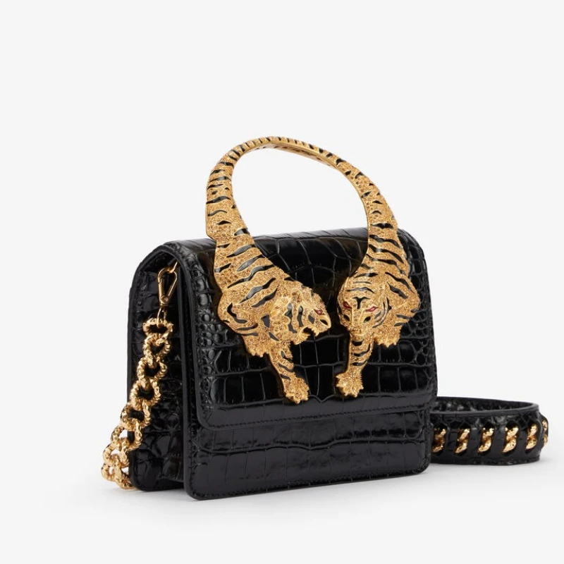 2026 New Luxury Designer Handbag for Women Crocodile Effect Leather Tiger-sculpted Top Handle Fashion Evening Shoulder Bag