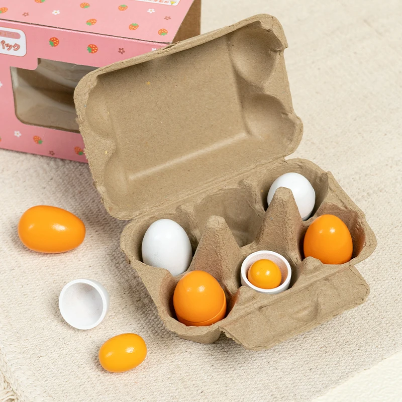 食べ物、卵黄、キッチンの食べ物、子供のおもちゃで遊んでいるふりをする子供用の模擬木製卵おもちゃ6個セット。