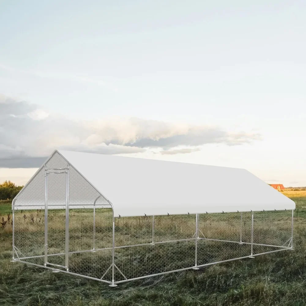 

Outdoor Metal Chicken Coop, Metal Chicken Coop with Run, Walk-in Poultry Cage Spire-Shaped Chicken Run with Waterproof