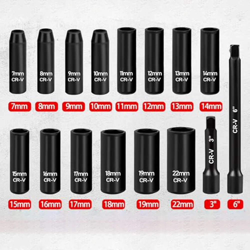 

16-Piece 38 Drive Deep For Impact Socket Set For Cr-V Steel With Extensions Metric Sizes Pneumatic Socket Set