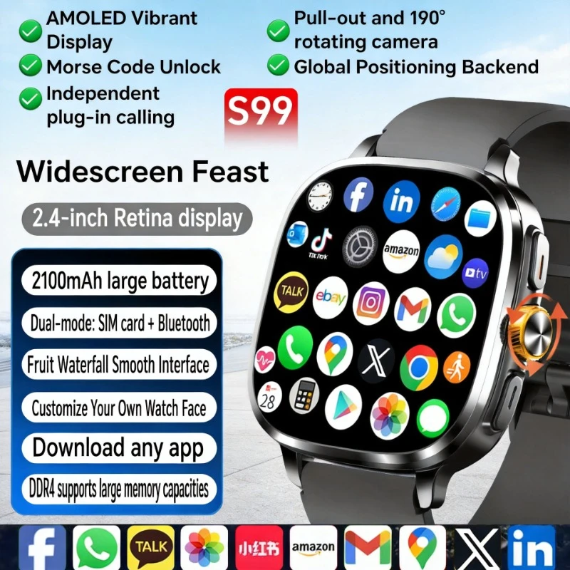 

S99 Smartwatch 5G With 2.4inch Amoled Screen 900W Rotating Camera WIFI GPS Position Compass NFC Bluetooth Smart Watch Men Women