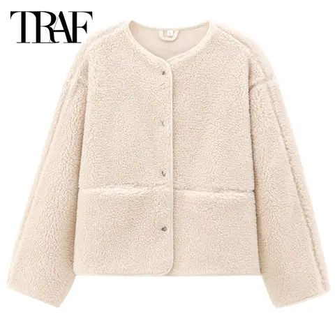 TRAF 여성용 플러시 보머 재킷, 테디 코트, 아늑한 긴팔 O넥 짧은 코트, 데미 시즌 재킷, 아우터, 신상
