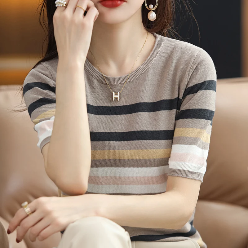 Summer New Short-sleeved Women O-Neck Slim 100% Cotton Striped Pullover Vest T-shirt Knitted Base Casual Comfortable Sweater