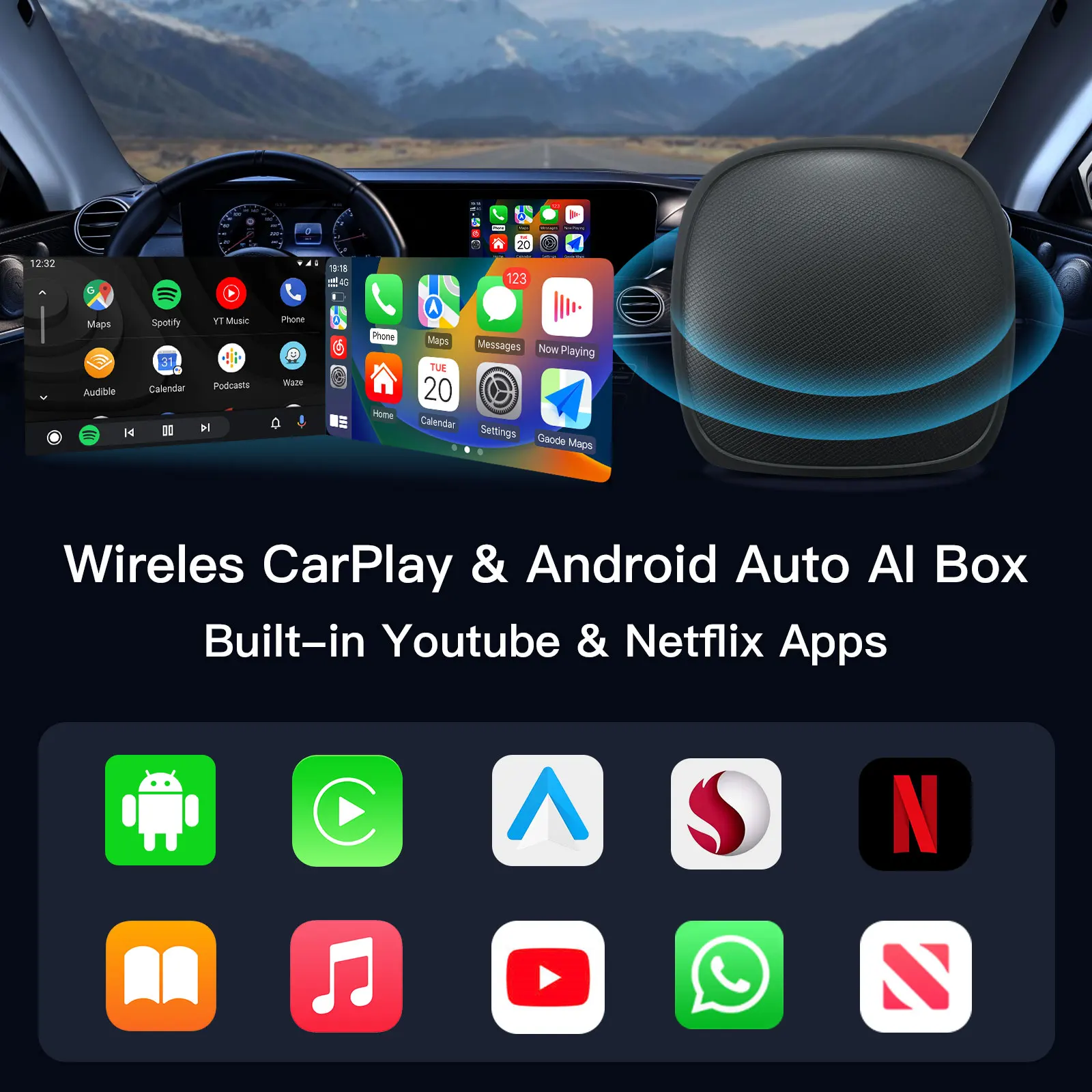 AUTOABC 2024 NEW Android Auto Wireless Adapter Smart Ai Box Plug And Play Bluetooth WiFi Auto Connect Netflix YouTube For Toyota