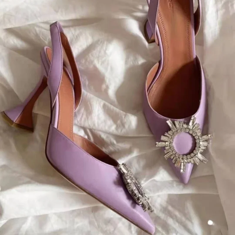 New Fashionable Half Slippers Women\'s Sandals Fashionable Sparkling Rhinestones Satin Wine Glass Heel Shoes Closed-Toe Slippers