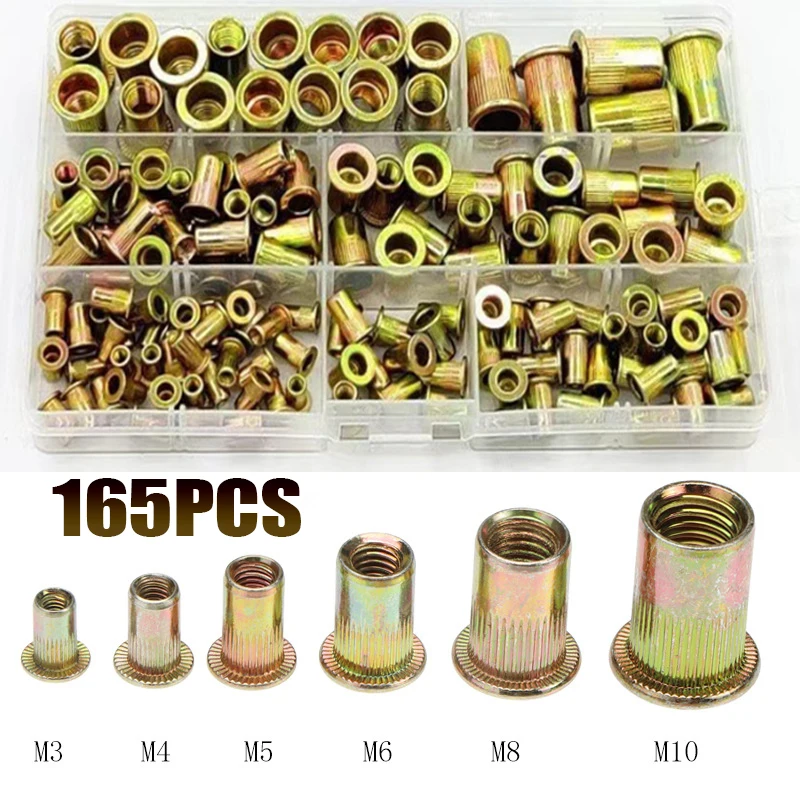 

165pcs M3 M4 M5 M6 M8 M10 M12 Zinc Plated Carbon Steel Knurled Nuts Rivnut Flat Head Threaded Rivet Insert Nutsert Cap Rivet Nut