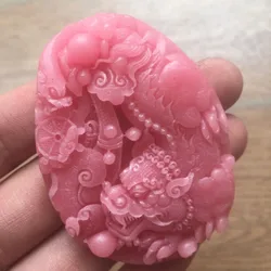 Natural Raw Stone CarvingLotus Powder Su Ji Stone Fortune Seeking Happiness Ensuring, and Safety, Kirin Handmade Carving Pendant