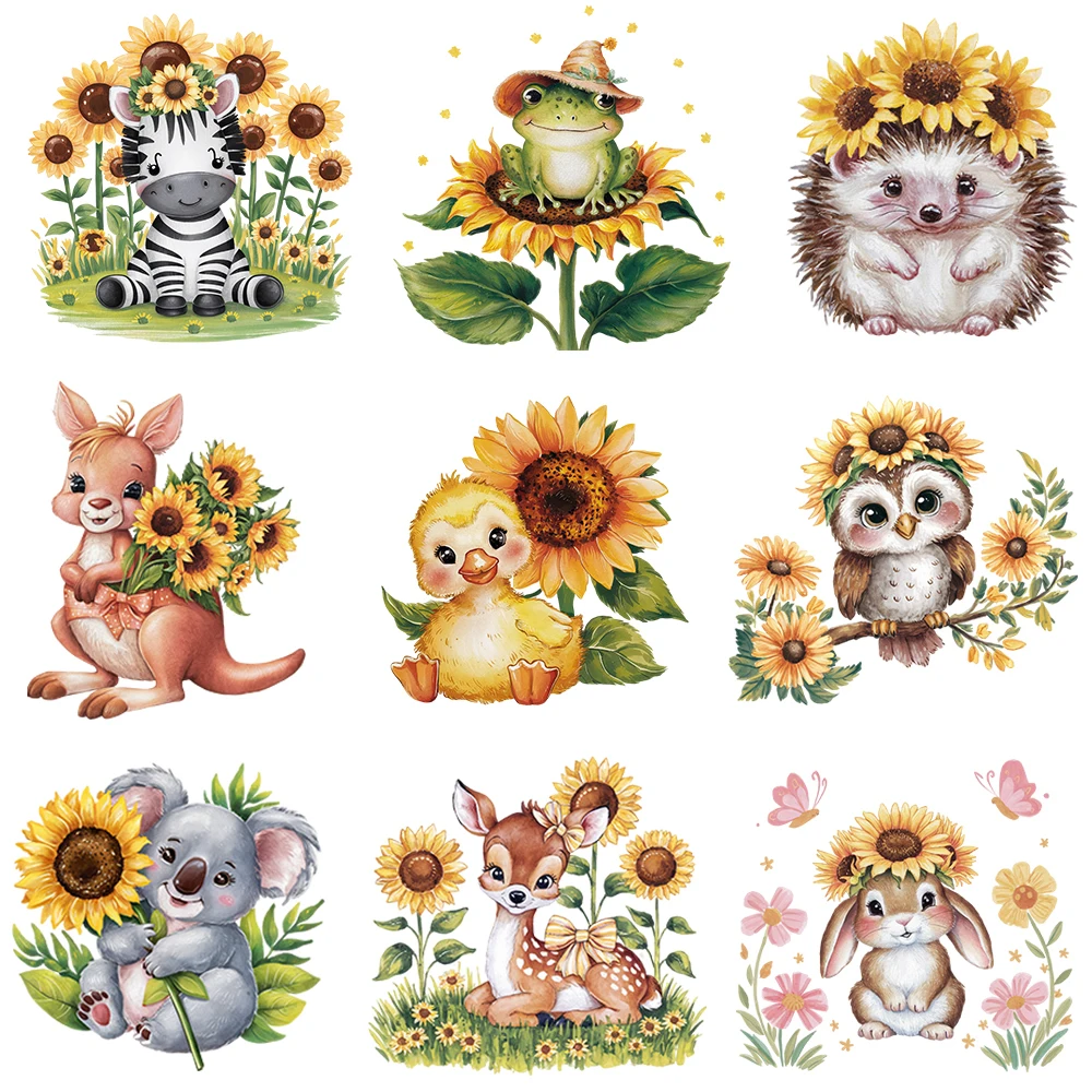 15cm Cartoon Sunflower Animal Rabbit Tiger Iron On Heat Transfer Sticker For Clothes Pinted Vinyl Thermal Washable T-Shirt Decal