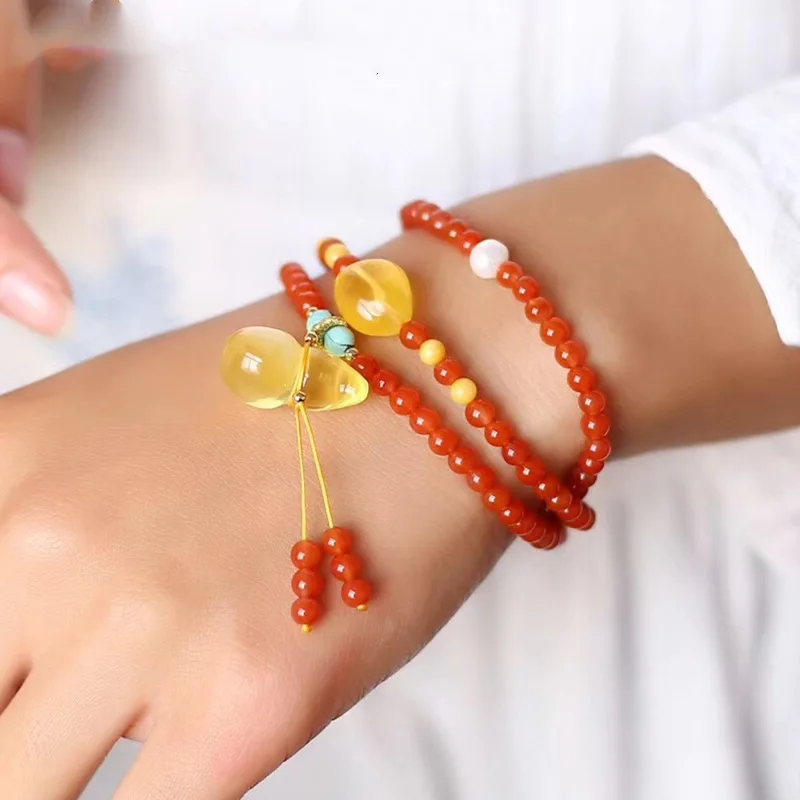 Natural South Red Agate Bracelet Women's Beeswax Gourd Multi-Circle Simple Atmospheric Ethnic Style Beaded Gifts for Girlfriend