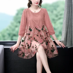 Women High Quality Pink Embroidery Natural Silk Midi Dress Summer Fashion Light Loose Dress 2024 New Korean Elegant Evening Robe