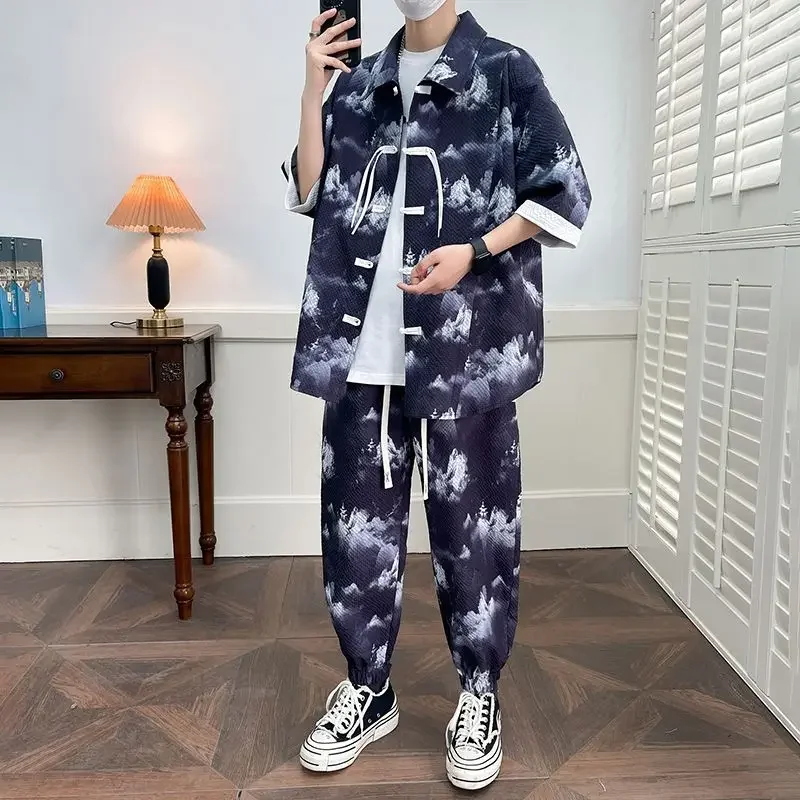 

Nylon Male Shirts Trousers Sets Two Piece Korean Style 2025 Trend Chic Trends Costumes Elastic Polyester Baggy Men's Pants Set