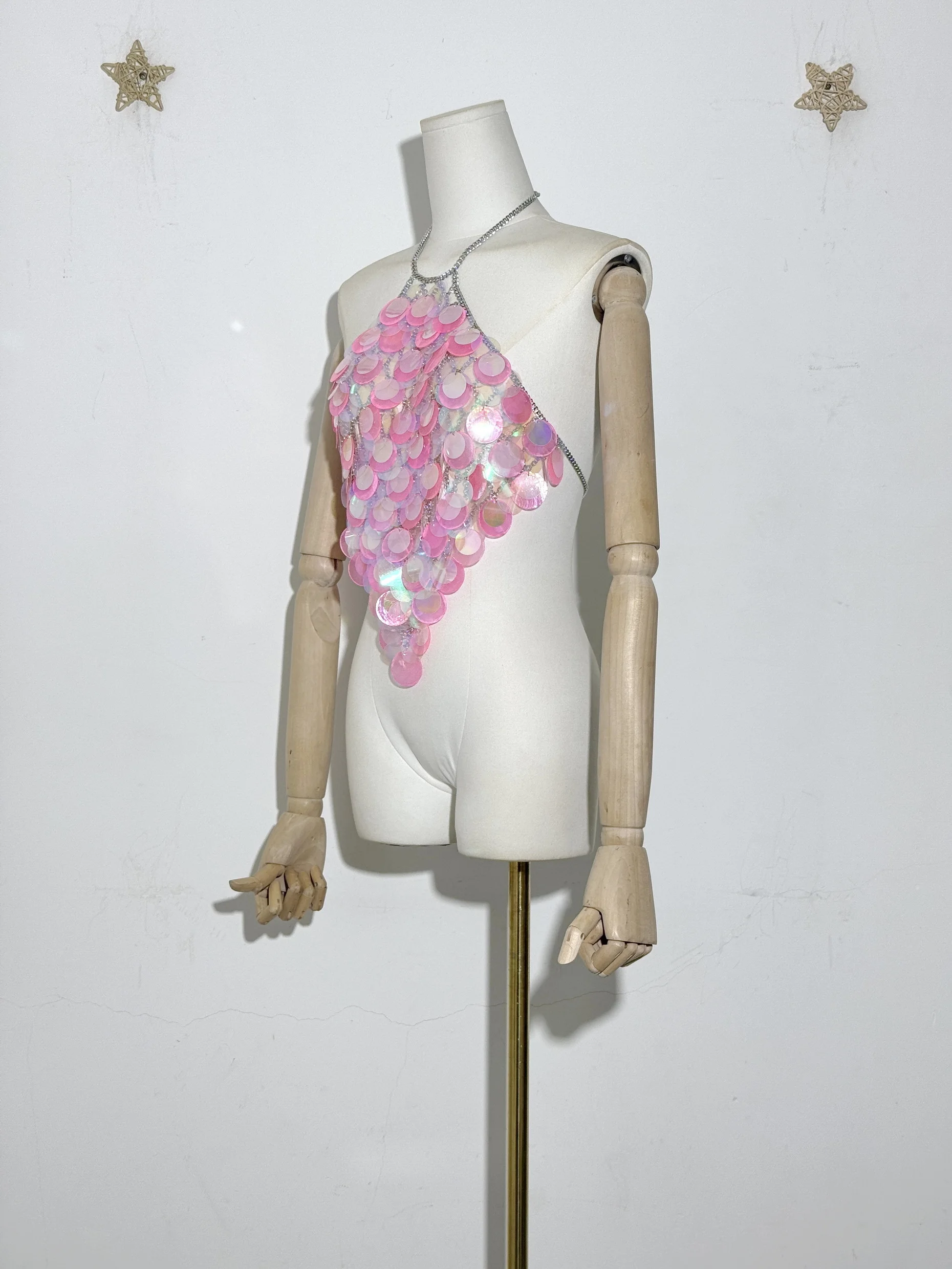 Romantico ridotto donna nuovo stile fatto a mano conchiglia con paillettes backless halter canotta gilet hot sexy pancia catena costumi da bagno