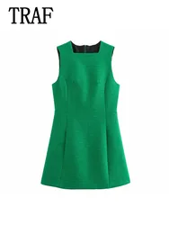 TRAF Women's Holiday Solid Dress New Autumn Casual Chic Fashion Green Sleeveless Street Dress Casual Round Neck Dress