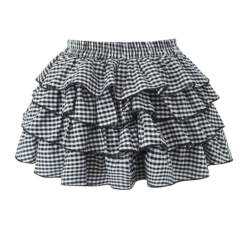 YENKYE 2025 Sweet Girl Plaid Cascade Ruffles Cake Skirt Bow Elastic Waist Saia Mini Summer Skirts