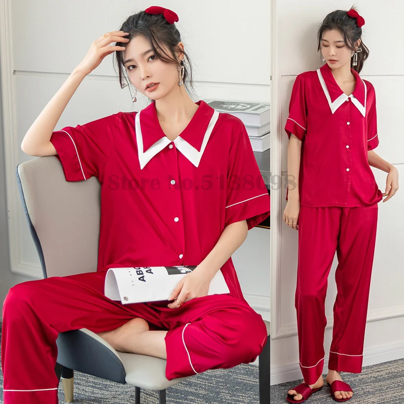 

Summer Retro Pajamas Set Sexy Women's Solid Color Ice Silk Sleepwear Short Sleeve Trousers Loose Repair Casual Home Clothes