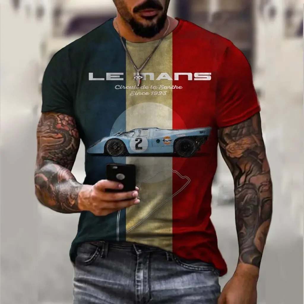Neu eingetroffen: Herren-T-Shirt mit Lemans-Auto-Vintage-Muster, Sommer-Oversize-Freizeit-T-Shirts, Herren-Kurzarm-Tops, Herrenbekleidung