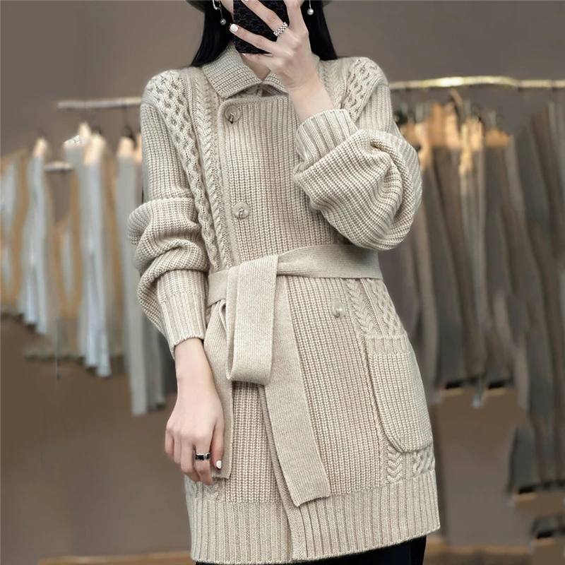 Spring Autumn Mid-Long Sweater Jacket Women 2023 New Loose Suit Collar Knitwear Coat Single Buckle Pure Colour Outerwear Female