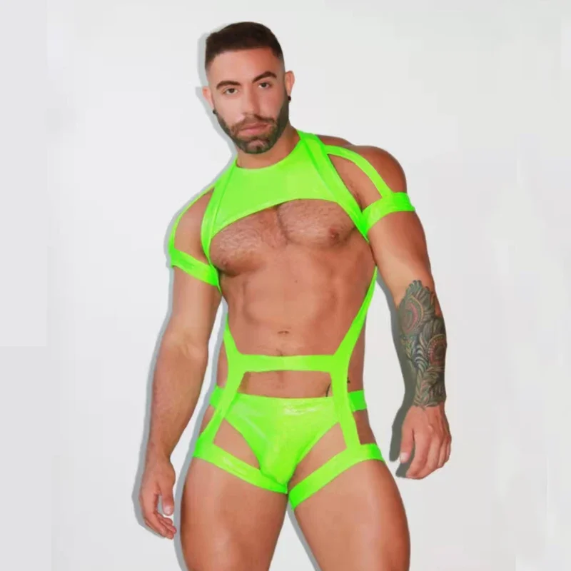 Gilet musle verde fluorescente da uomo con cinturino pettorale e cinghie per le gambe per spettacoli di pole dance, discoteca, bar, costume da solo Gogo