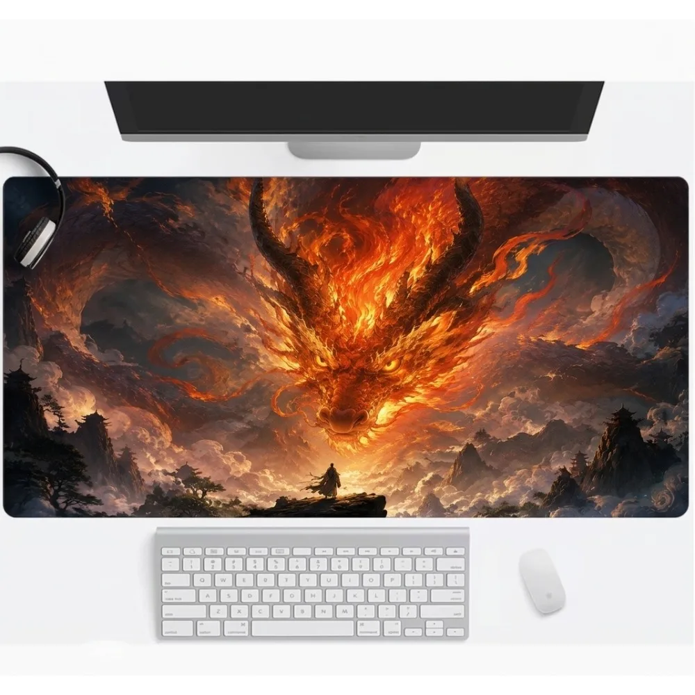 Fire Dragon Desk Mat - Computer Keyboard Pad with Anti-Slip Rubber Bottom and Cool, Dreamy Artistic Edge Mouse Pad